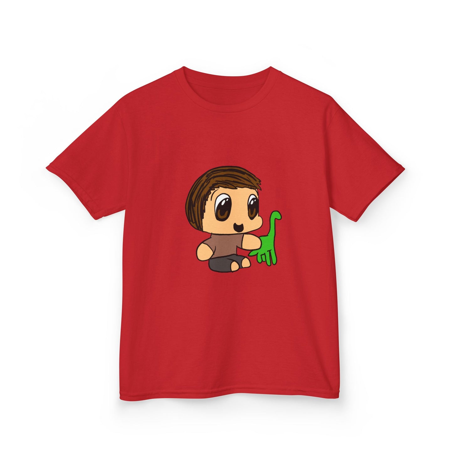 Kids T‑Shirt — Cute Cartoon Boy with Green Dino Graphic