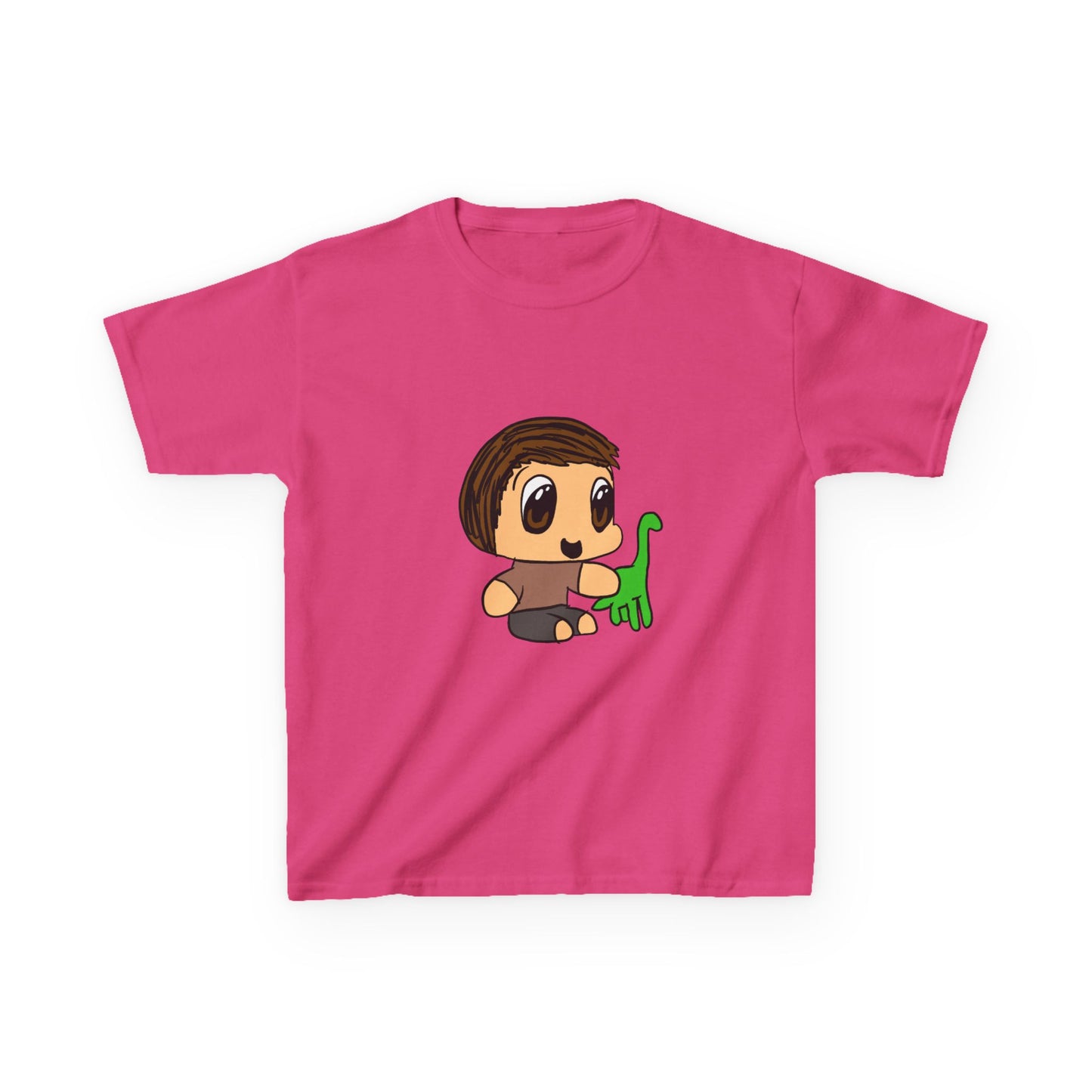 Kids T‑Shirt — Cute Cartoon Boy with Green Dino Graphic