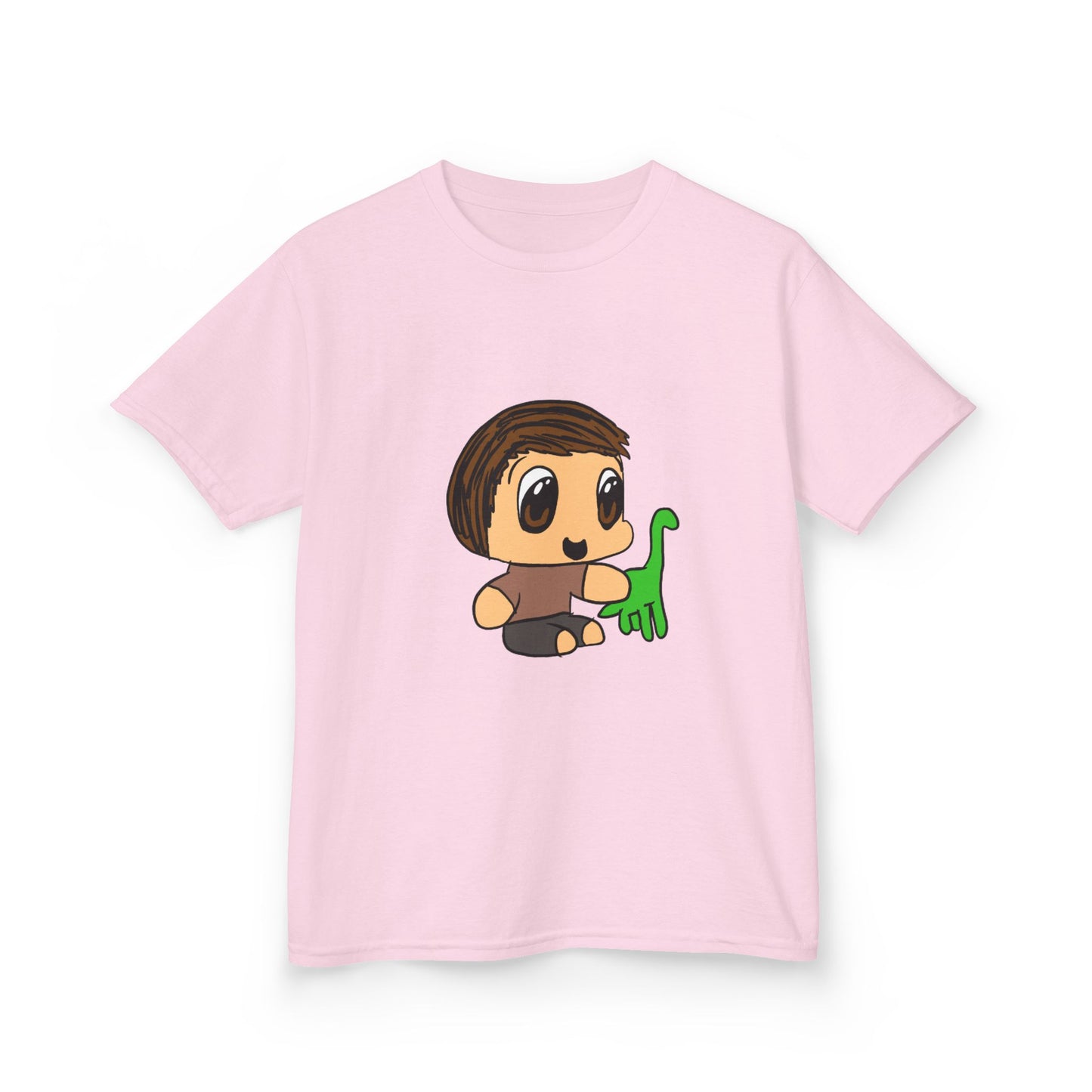 Kids T‑Shirt — Cute Cartoon Boy with Green Dino Graphic