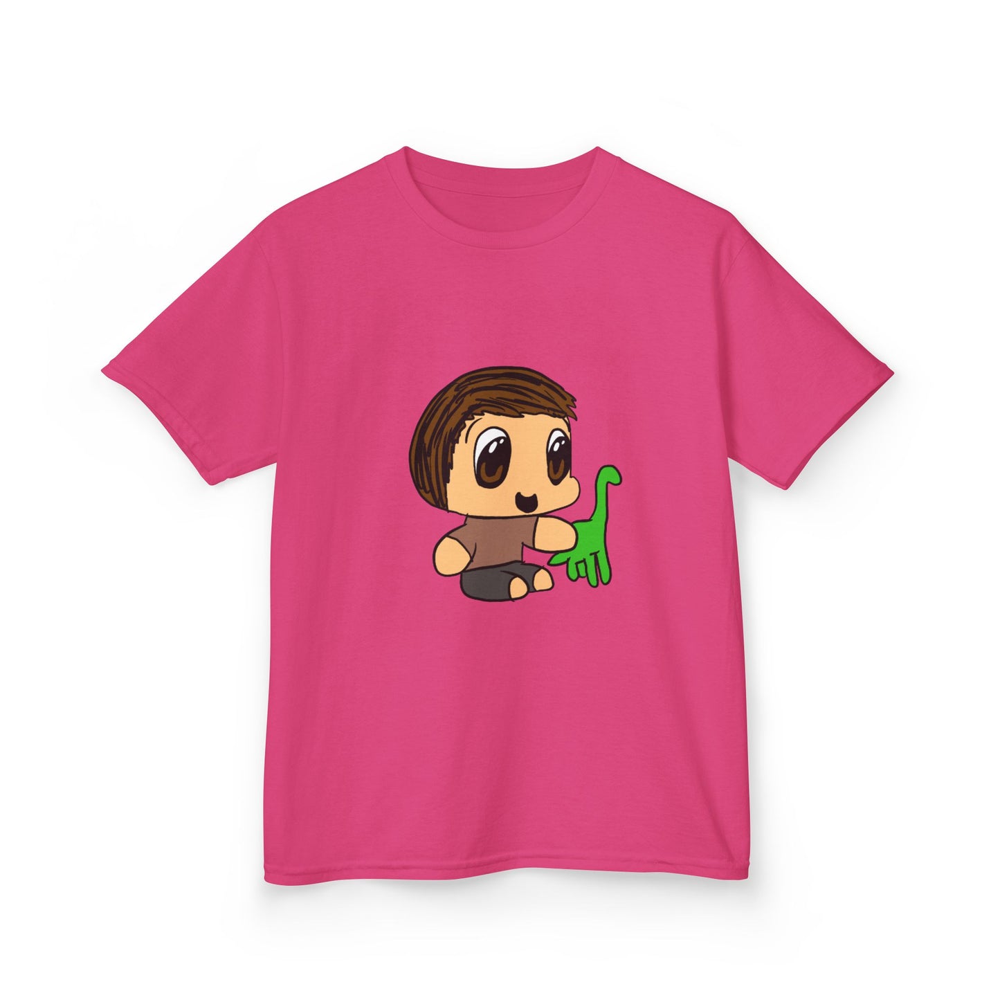 Kids T‑Shirt — Cute Cartoon Boy with Green Dino Graphic