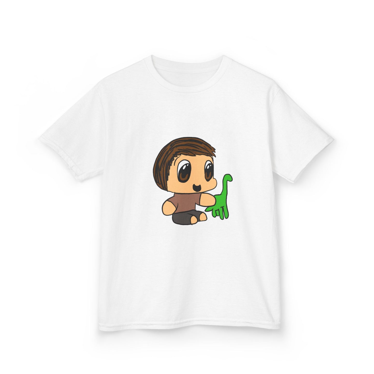 Kids T‑Shirt — Cute Cartoon Boy with Green Dino Graphic